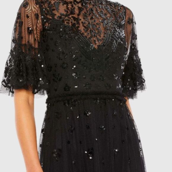 $498 NEW MAC DUGGAL SEQUIN HIGH NECK BLACK SHORT SLEEVE MINI DRESS 10 NWT - Picture 4 of 5